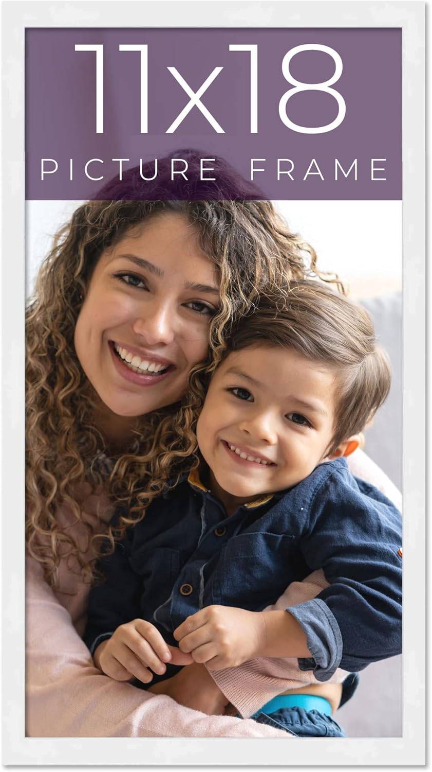 11x18 Frame White Real Wood Picture Frame Width 0.75 Inches | Interior Frame Depth 0.5 Inches | White Mid Century Photo Frame Complete with UV Acrylic, Foam Board Backing & Hanging Hardware