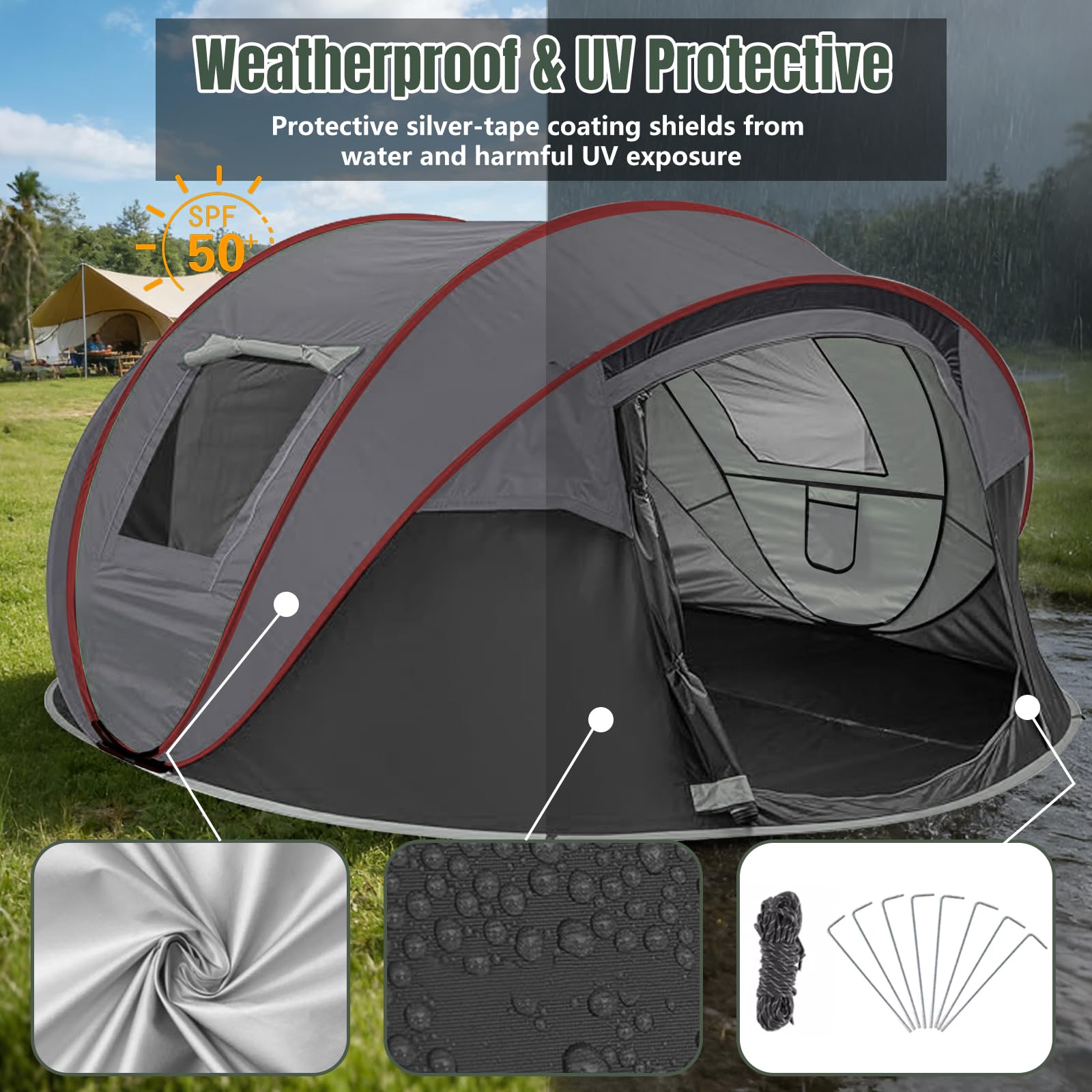 Camping Zelt, Pop Up Zelt 4-5 Personen, Automatisches Aufstellzelt in 3 Sekunden, Wurfzelte Wasserdicht Sonnenschutz, Familie Zelt, Tragbares Leichtes Kuppelzelt für Outdoor Camping