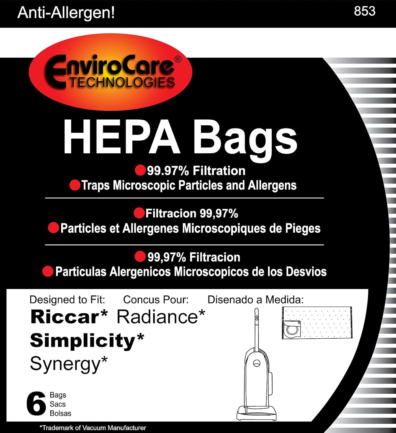 Generic Replacement Upright Bags Type X, Compatible with Riccar, SImplicity Synergy, Radiance Upright, 6 pack