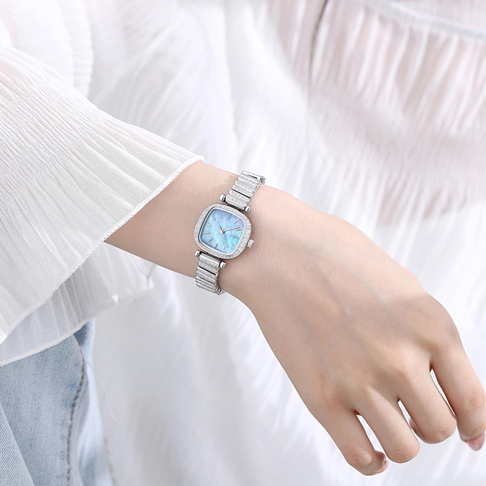 LANZOOM Diamant-Uhren für Damen, Gehäuse und Armband aus 316L-Edelstahl, Damenuhren mit blauem Perlmutt-Zifferblatt, silberfarbene Uhr, luxuriös, modisch, lässig, silber/blue