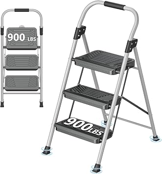 DIAMONDFORGE 3 Step Ladder, Folding Step Stool with Anti-Slip Wide Pedal, Soft Handle, Anti-Slip Feet, Sturdiest Steel Construction, 900lbs Capacity Steel Ladder for Home and Office, GrayBlack