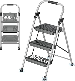3 Step Ladder, Folding Step Stool with Anti-Slip Wide Pedal, Soft Handle, Anti-Slip Feet, Sturdiest Steel Construction, 900lbs Capacity Steel Ladder for Home and Office, GrayBlack