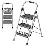 DIAMONDFORGE 3 Step Ladder, Folding Step Stool with Anti-Slip Wide Pedal, Soft Handle, Anti-Slip Feet, Sturdiest Steel Construction, 900lbs Capacity Steel Ladder for Home and Office, GrayBlack