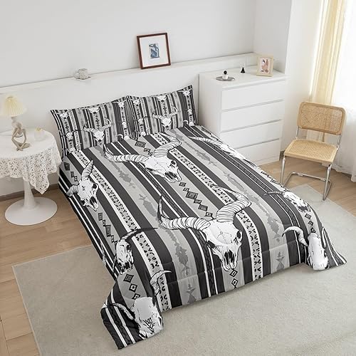 Miniatura 4 de Juego de ropa de cama estilo bohemio occidental, tamaño Queen, diseño de calavera de toro, vaquero, negro, blanco, gris, azteca del suroeste, para