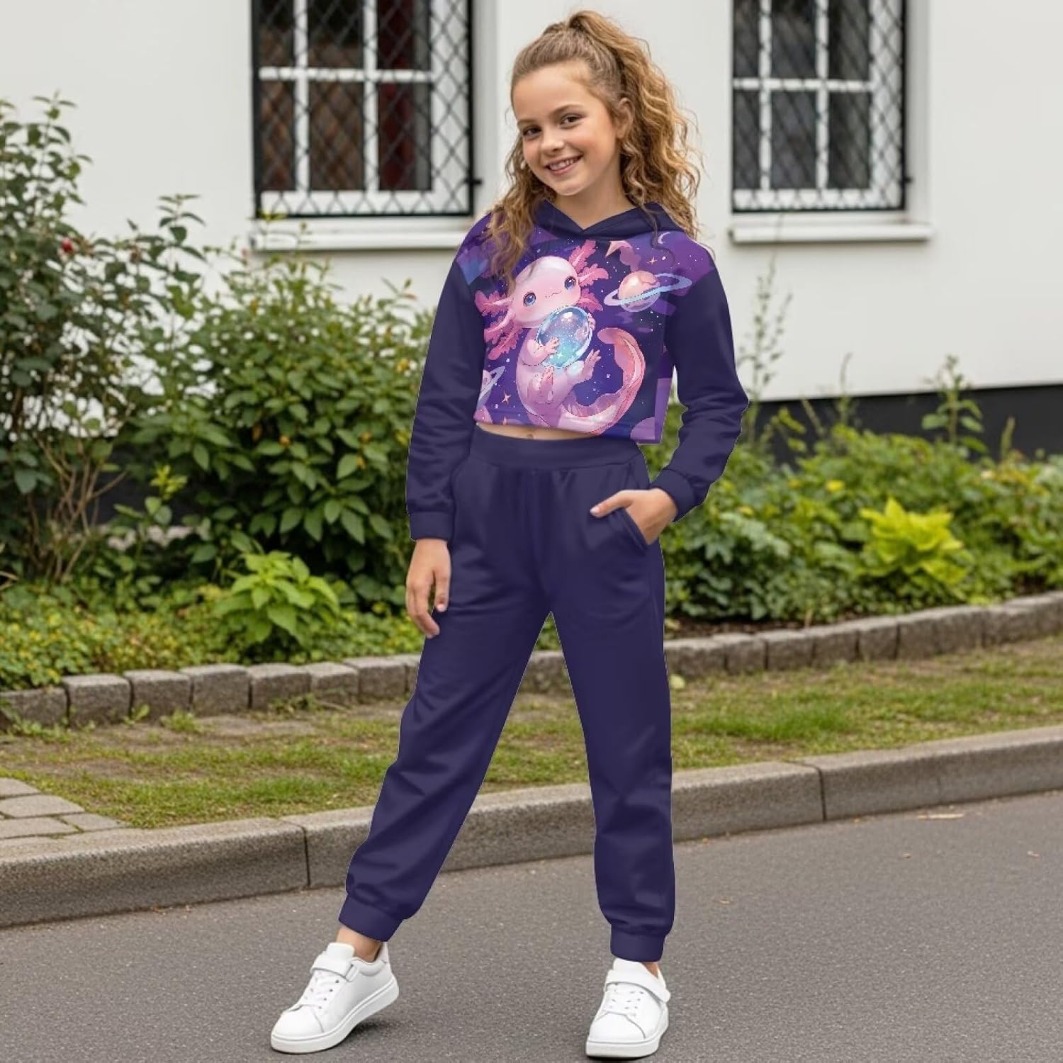 Renewold Girls Tracksuits Kids Teens Crop Hoodie Long Sleeve Sweatshirt Jogger Sweatpants 2 Piece Outfit Sweatsuits Set