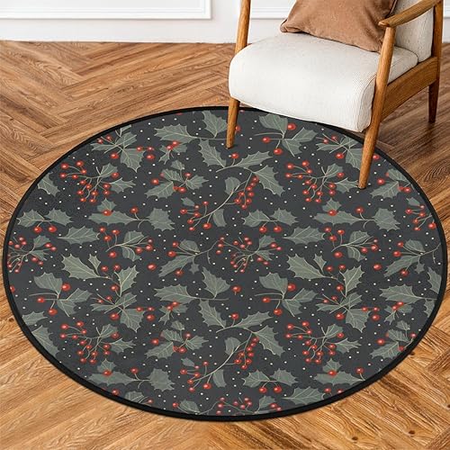 Christmas Winter Holly Leaves Berries (3) Round Area Rug 3ft Machine Washable Circular Rugs for Dining Room Table Bedroom Playroom Throw Rugs for