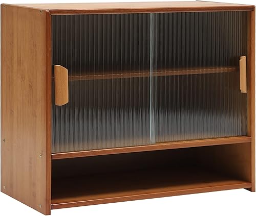 Armario de almacenamiento pequeño, aparador de despensa de cocina de bambú con 2 puertas corredizas de vidrio a rayas, armario de almacenamiento