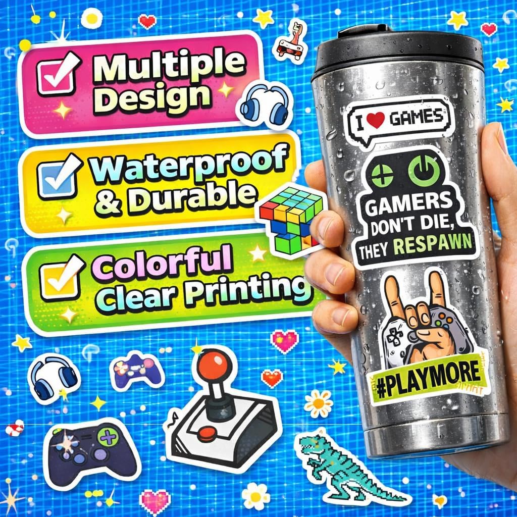 DETICKERS Water Bottles Stickers for Boys Kids 50 PCS Waterproof Video Game Vinyl Stickers Gamer Gifts for Teen Boys