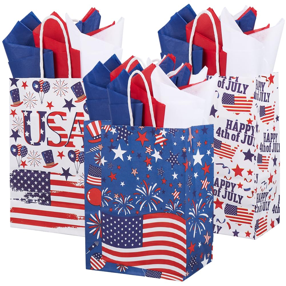 SOFPLATE 15Pcs 4th of July Bags American Flag Party Bags with 18Pcs Tissue Paper Independence Patriotic Star Handle Rectangle Wrapping Gift Tote Pouch for Veterans Memorial Party Favors Packaging