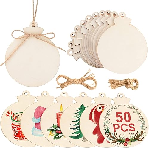 OurWarm 50 adornos de Navidad de madera para manualidades, adornos de madera en blanco de 4 pulgadas para pintar, rebanadas de madera natural sin