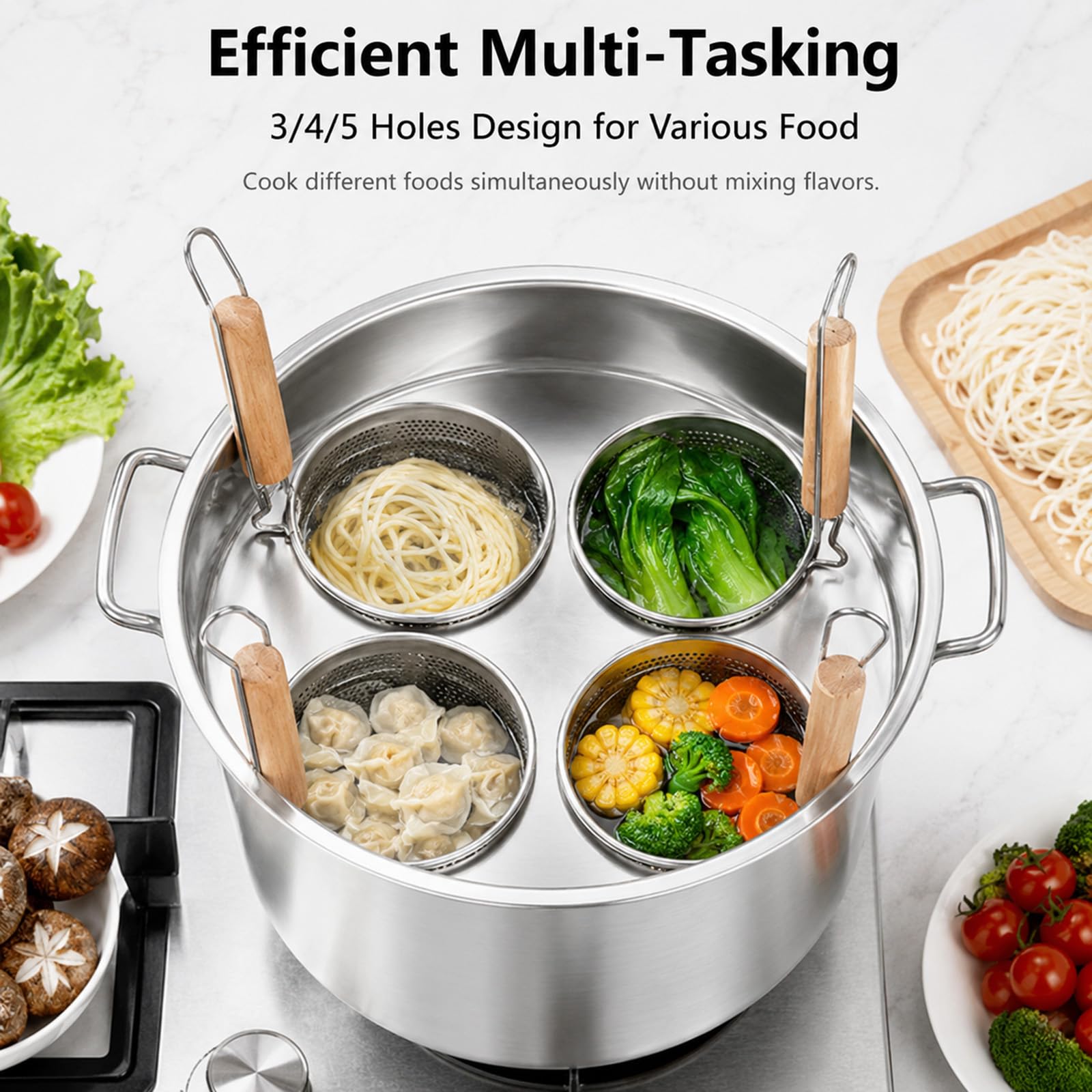 RSBFER Set di cuocipasta in Acciaio Inox con cestelli scolapasta – Cuocere, Sollevare e scolare Facilmente – Pentola a 3/4/5 Scomparti per Pasta, tagliatelle e Gnocchi – Cucine Professionali,5 Hole