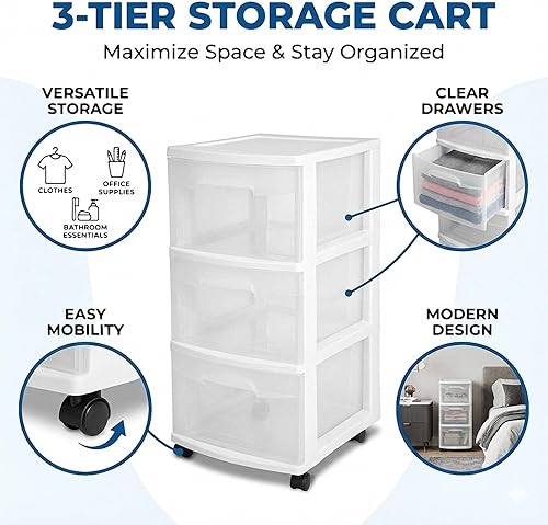 Miniatura 4 de Carrito de cajón de almacenamiento de plástico, color sólido, blanco, mediano, para organización del hogar, con 3 cajones grandes, ruedas