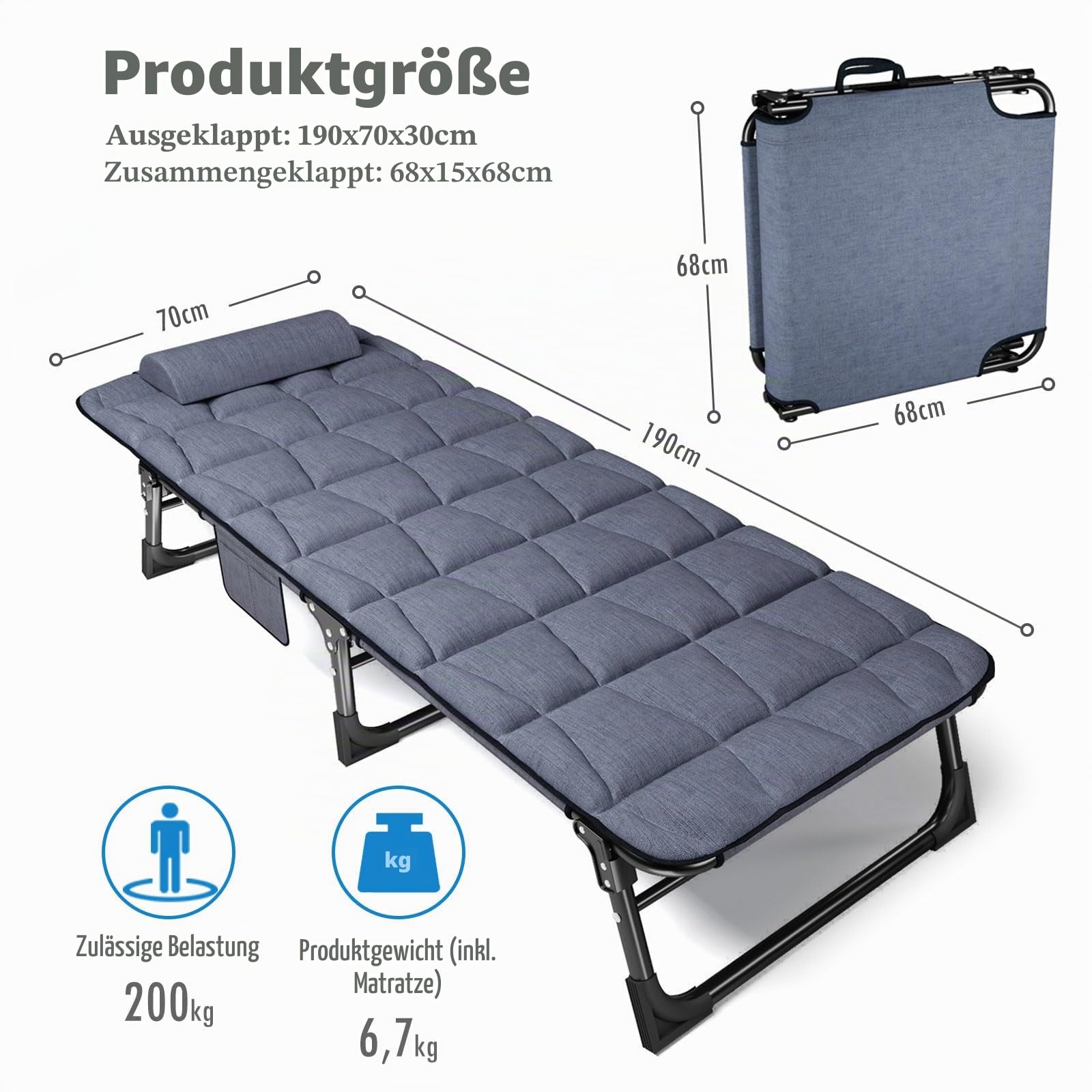 ATORPOK SHOP Sonnenliege mit verstellbarer Rückenlehne, 4-fach verstellbar, Mehrzweck-Campingbett, tragbar und Liegestuhl, für Garten/Pool/Terrasse, gepolsterte Matratze und Kissen – Blau