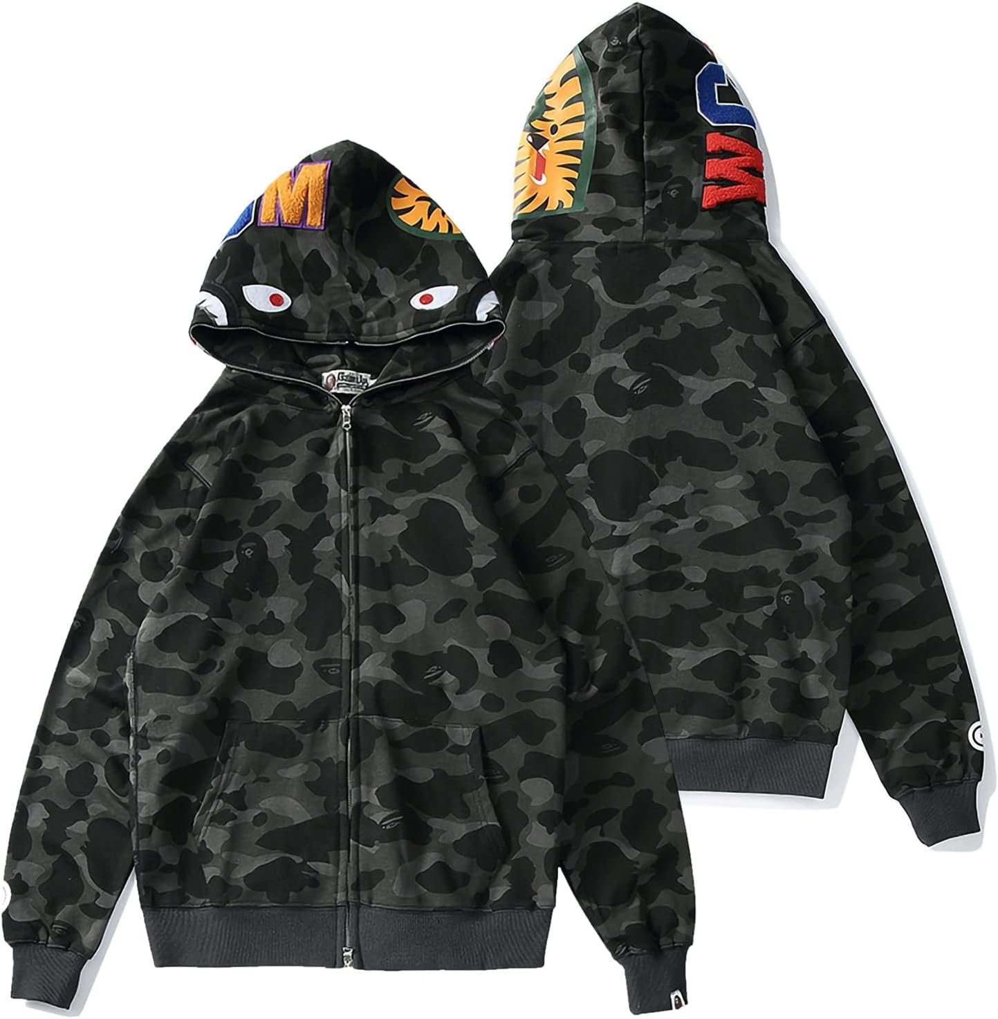 Shark Full Zip Up Hoodie, Camo Sweatshirt For Men Women, Hip Hop Cotton Zipper Hooded For Youth Teenagers