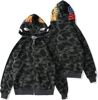 Shark Full Zip Up Hoodie, Camo Sweatshirt For Men Women, Hip Hop Cotton Zipper Hooded For Youth Teenagers