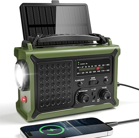 Radio Solar de Emergencia, Radio Am/FM con Manivela y Batería Recargable 12000mAh para Carga de Emergencia de Smartphone, Linterna LED, Luz de Lectura y Alarma SOS para Exteriores y Viajes