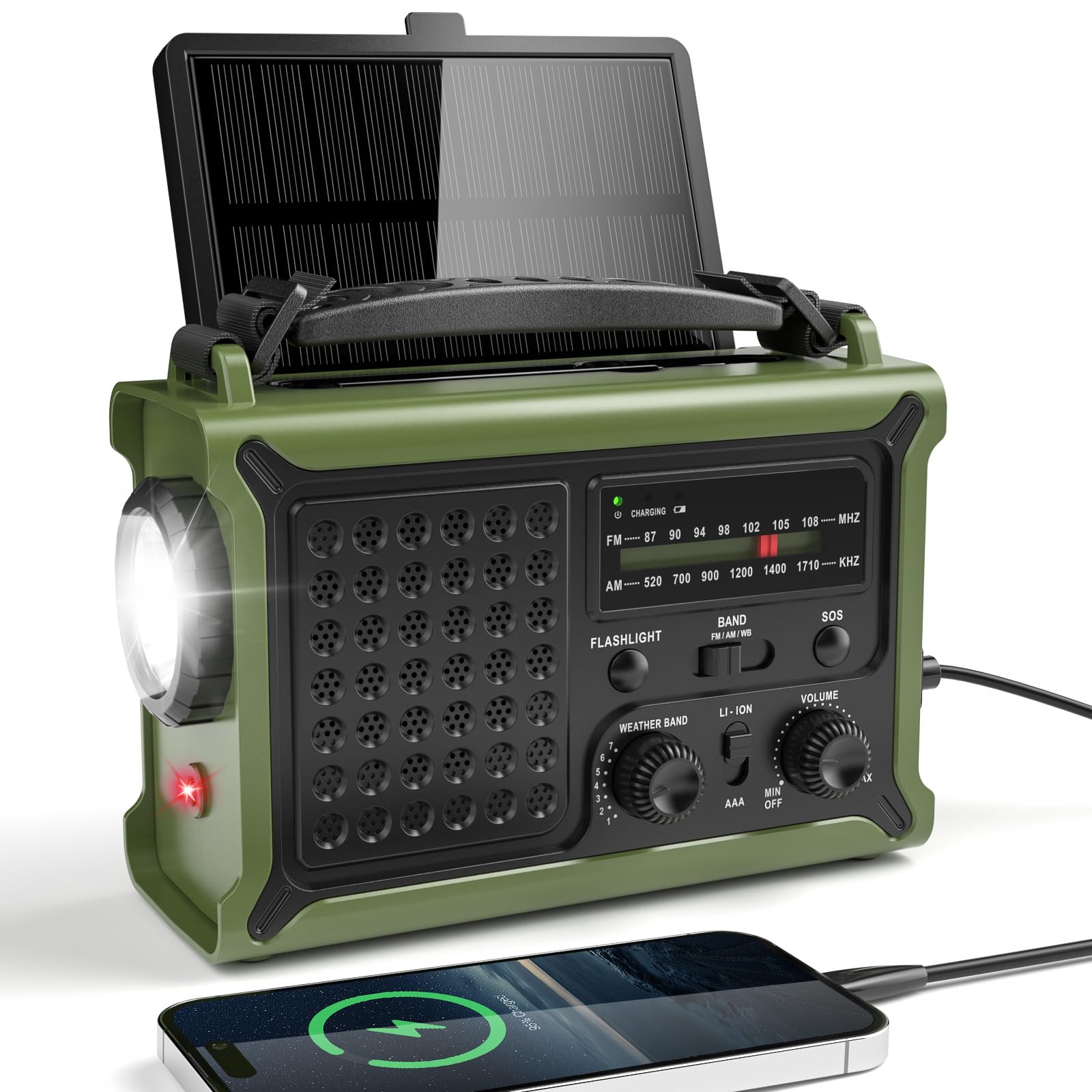 Mesqool Kurbelradio, Solar Notfallradio mit AM/FM Empfang, 12000mAh Wiederaufladbare Powerbank, IPX6, SOS Alarm, USB/Type-C Handyladung, Tragbare Radio mit Tragegurt für Notfall, Stromausfall