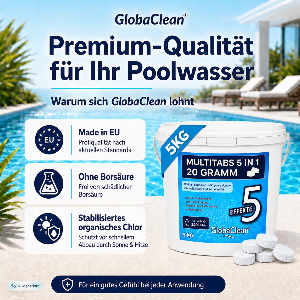 Multitabs für Pool 5 in 1 – 20g (5kg) - Hochwirksame Chlortabletten für Pool – Langzeit Chlor Tabs zur Algenbekämpfung & Flockung - Für kristallklares Wasser
