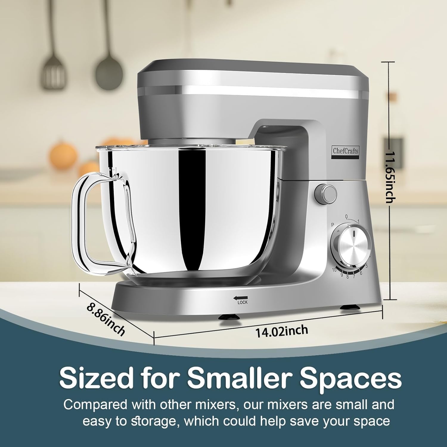 household stand mixer with 6.5 quart bowl, electric food mixer 10+p speeds 660w, kitchen tilt-head bread dough and cake mixers with dough hook, whisk, beater, splash guard silver
