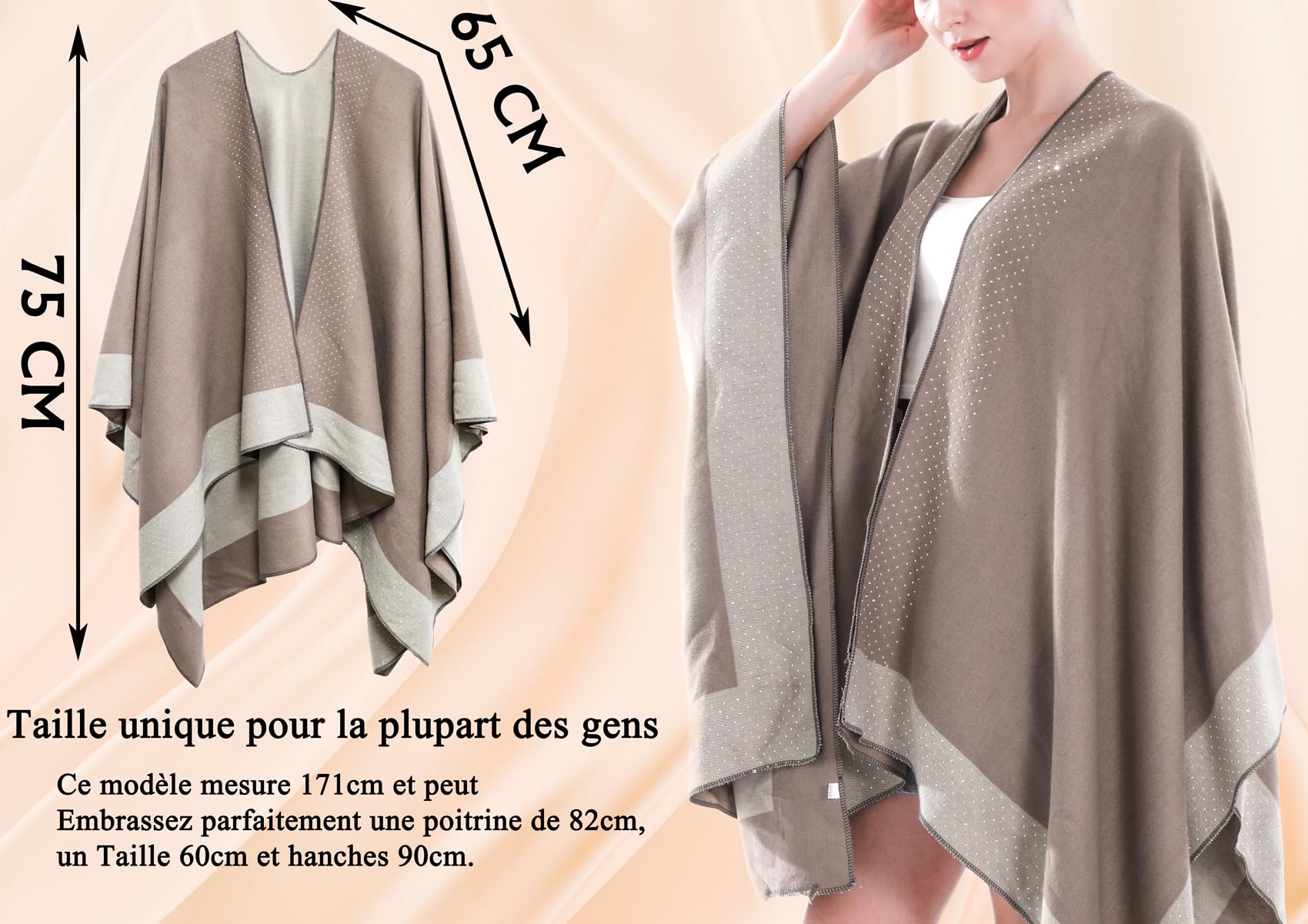 Shmily Girl Poncho Femme Hiver Élégant Châle Femme Chaud Poncho Cape Réversible Écharpe Châle Hiver Automne Poncho Châle Ouvert Cape pour Femme