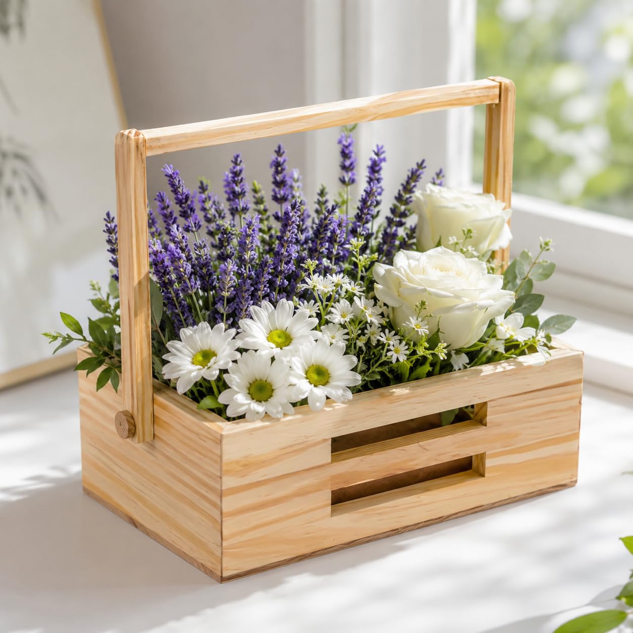 Little Birdie Wooden Basket with Handle - Pinewood, Approx L9.5in x W9.5in x H3in, 1 pc | for Home Decoration, Art & Craft, Creative, Office, Holder Serving Handmade Hampers Box for Gift 1