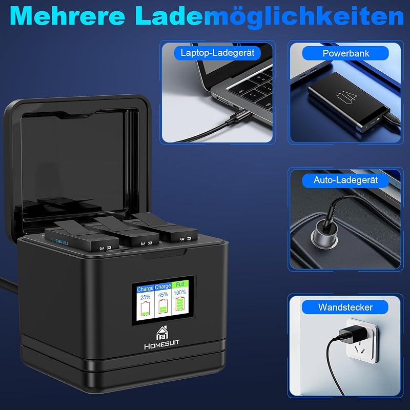 Set 3 acumulatori Homesuit Hero 13 Enduro 2300 mAh cu afișaj LCD, încărcător USB Type-C cu 3 canale, compatibil cu GoPro Hero 13 Black