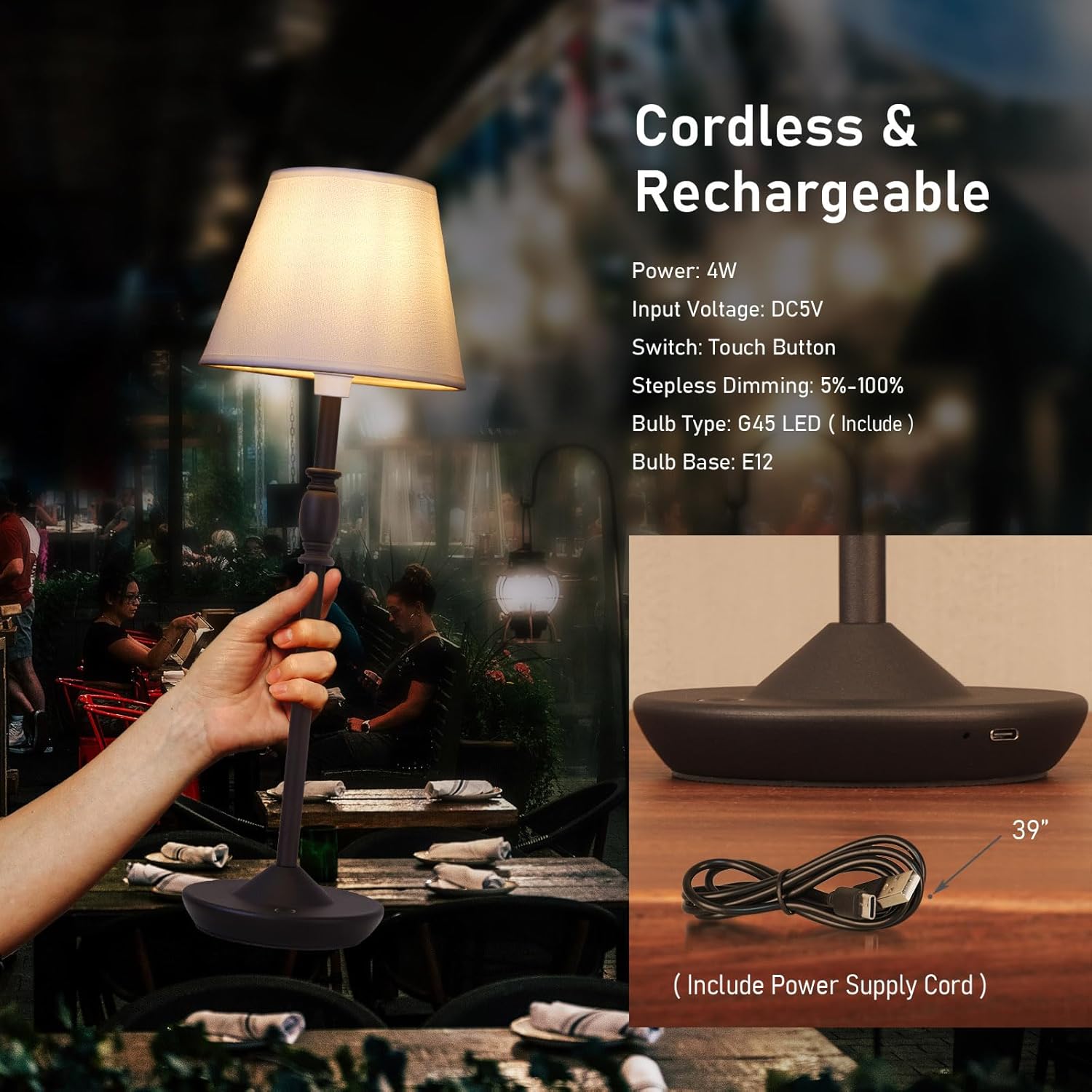 Cordless Table Lamp Portable Small LED Touch Lamp with Dimmer, 18" 2700K Rechargeable Battery Light for Bedside, Dining Room, Bedroom Lamp, Patio, Bar, Night Light, Bathroom (Sand Black)