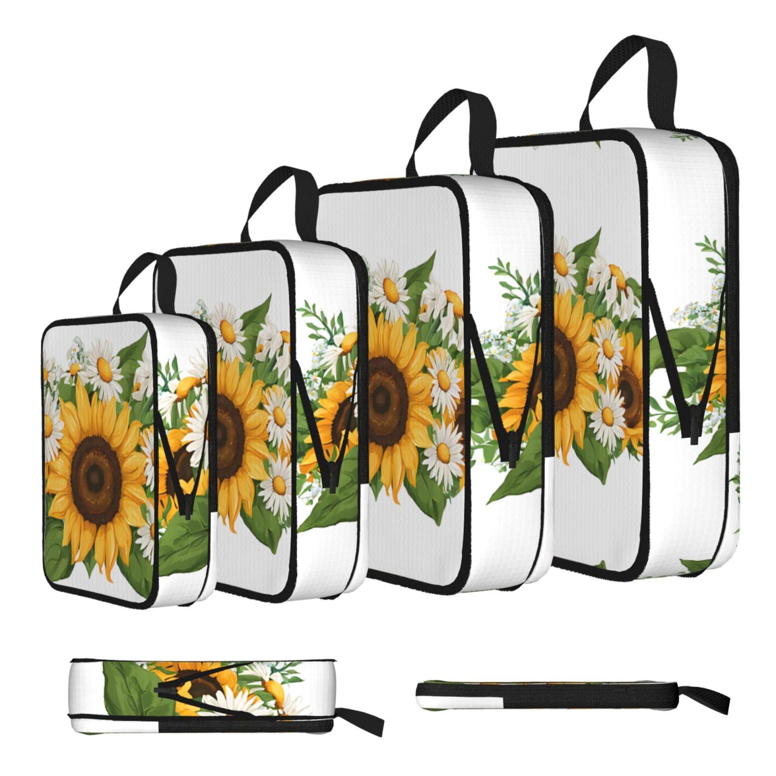 Ezdlowvba Black Sunflowers Printing Print Compression Packing Cubes 4-Piece Set With Multi- Compartment Travel Bag, Waterproof Suitcase Organiser Bags
