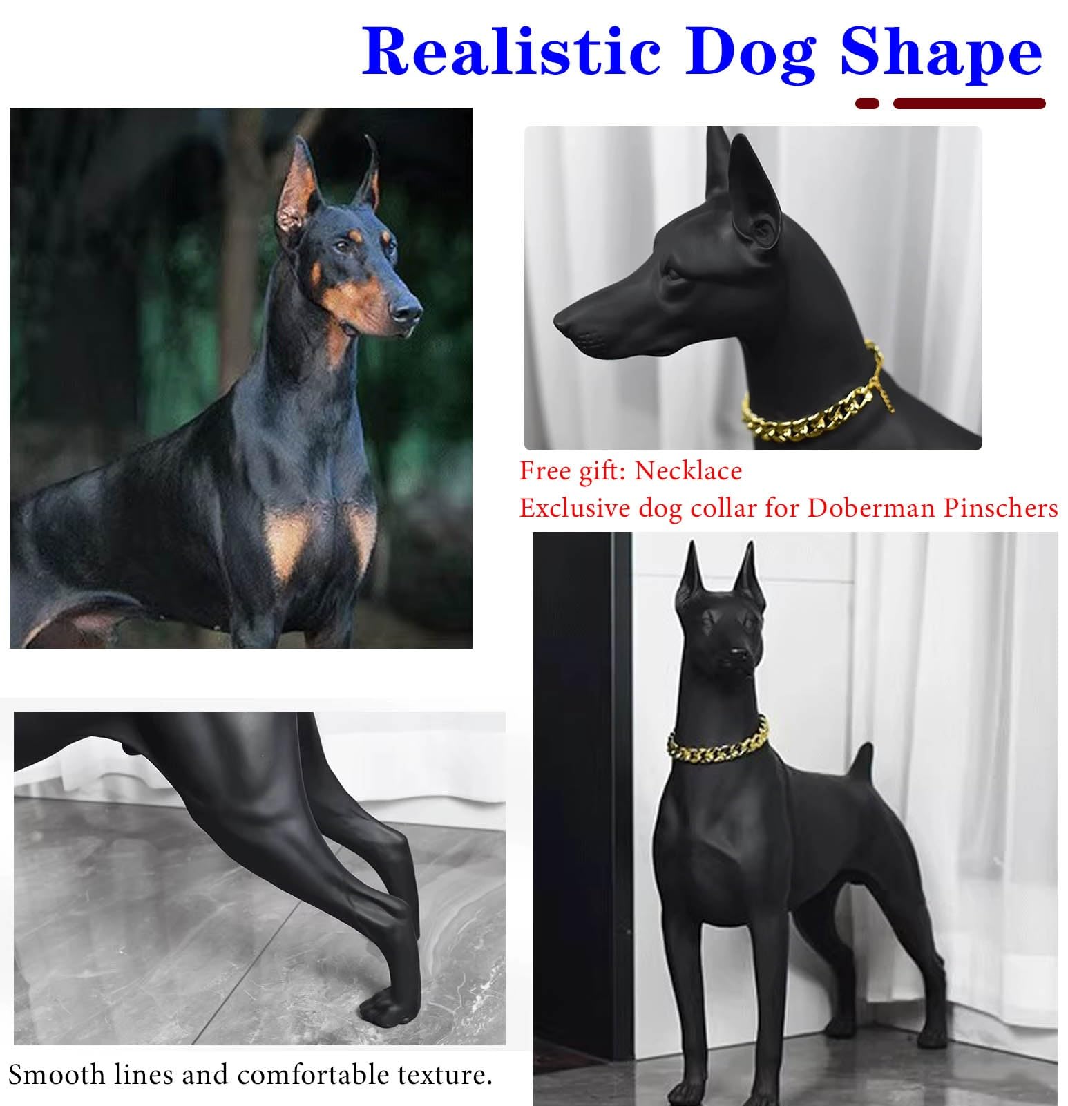 Manekin Realistyczny Manekin Psa z Obrożą, Duża Statua Dobermana Naturalnej Wielkości, Rzeźba Psa do Prezentacji Ubrań dla Zwierząt, Figurka Psa do Dekoracji Zewnętrznych(Black,Standing)