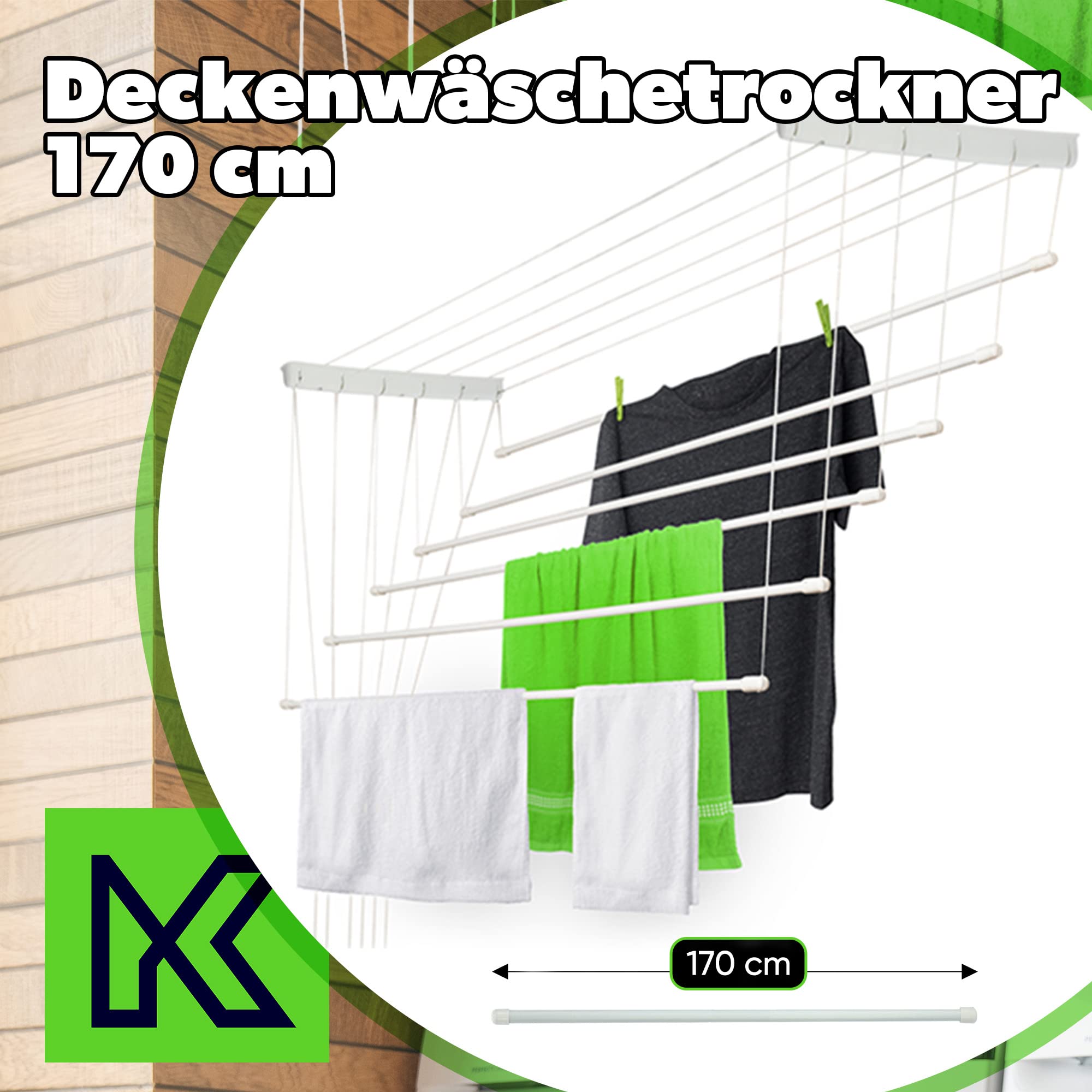 KADAX Deckenwäschetrockner, 10.2m Trockenfläche, Wäschetrockner für die Decke 6, Wandtrockner mit Polyethylen bezogenen Stahlsprossen, Deckentrockner Traglast 12kg (6x170/weiß)