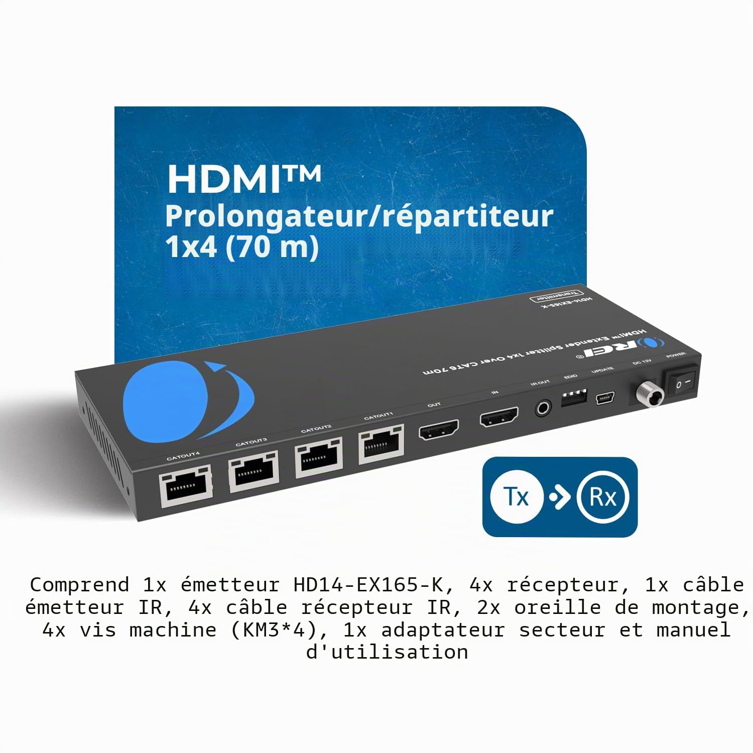 OREI Répartiteur HDMI 1 x 4 Multiple sur Un Seul câble CAT6/7 1080p avec Gestion EDID à Distance Infrarouge – jusqu'à 50 m – Boucle – Faible Latence – Support Complet