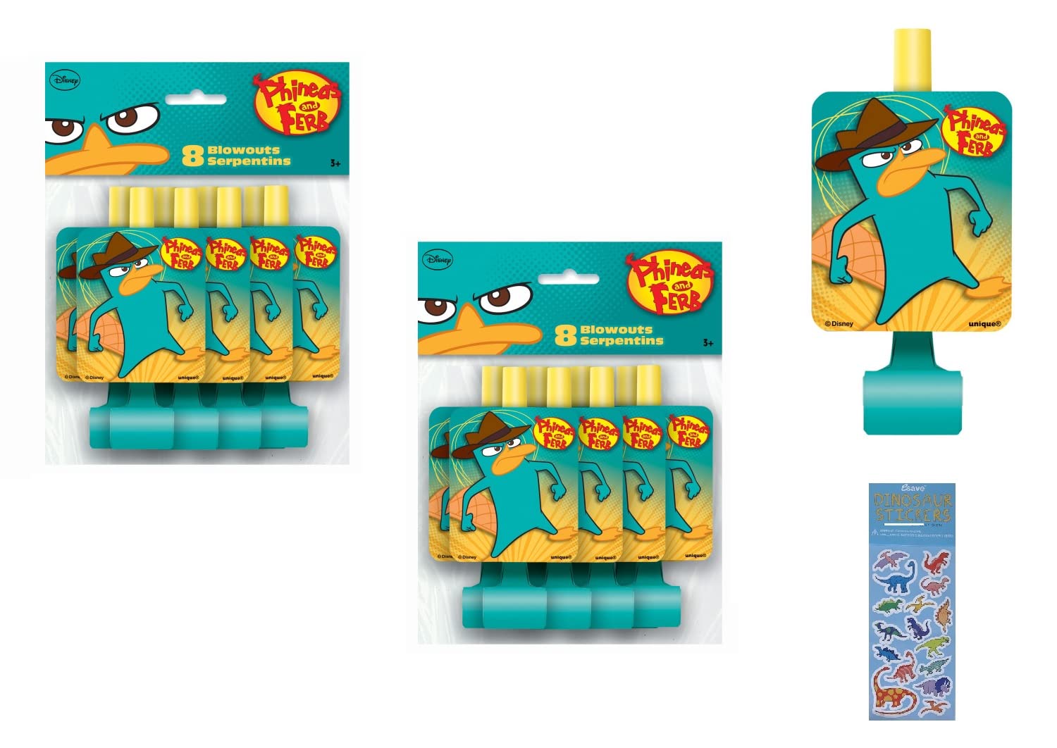 Phineas and Ferb Birthday Party Supplies Bundle includes 16 Party Blowouts and 1 Dinosaur Sticker Sheet