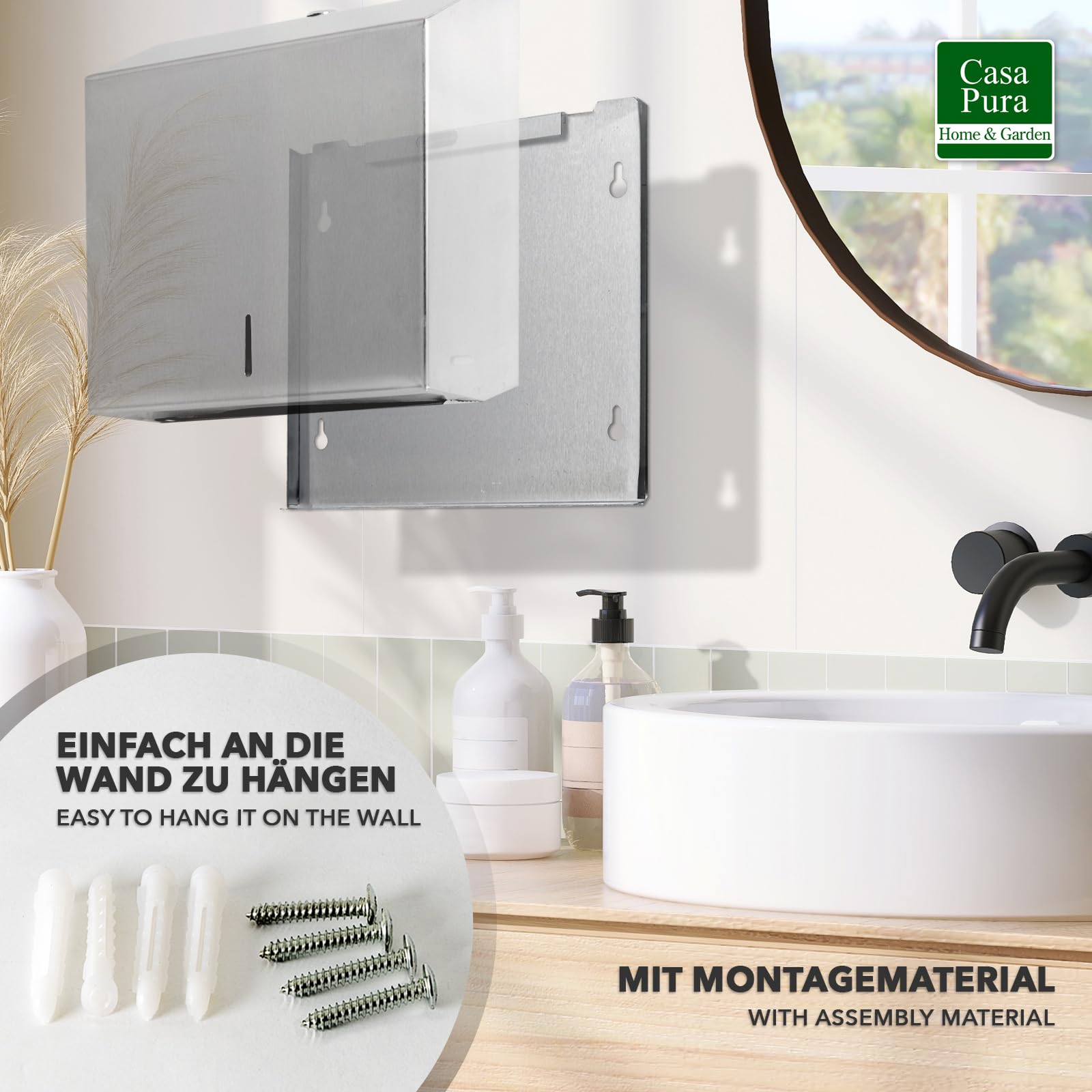 Floordirekt Distributore di carta in acciaio inox per 350 fino a 550 asciugamani di carta – chiudibile con 2 chiavi – Dispenser di asciugamani con materiale di montaggio incluso – Dispenser di