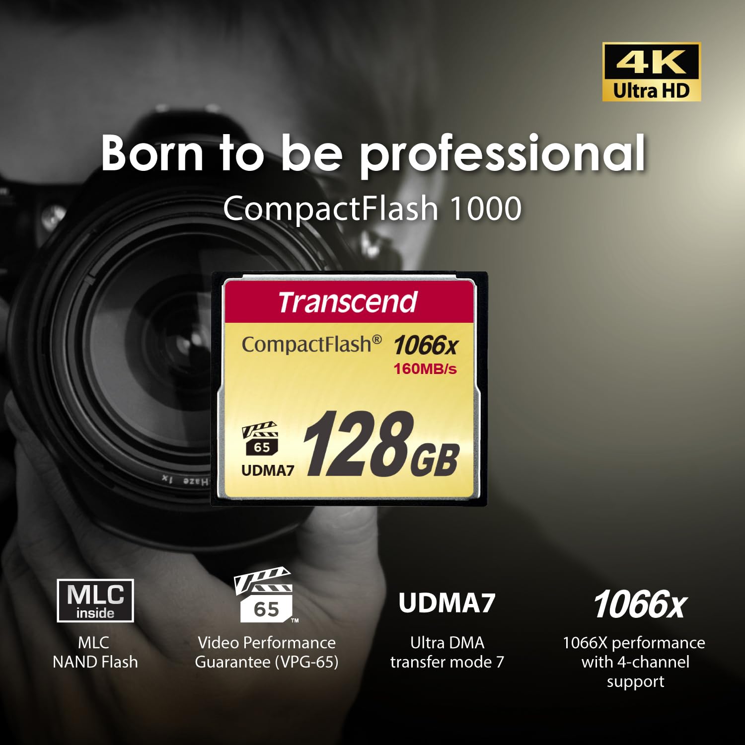 Transcend CF1000 CompactFlash 1000 Carte mémoire 16GB, jusqu'à 160/120 MB/s, modèle pour vidéo Full HD ultra haute résolution, 3D et 4K UHDTV - TS16GCF1000