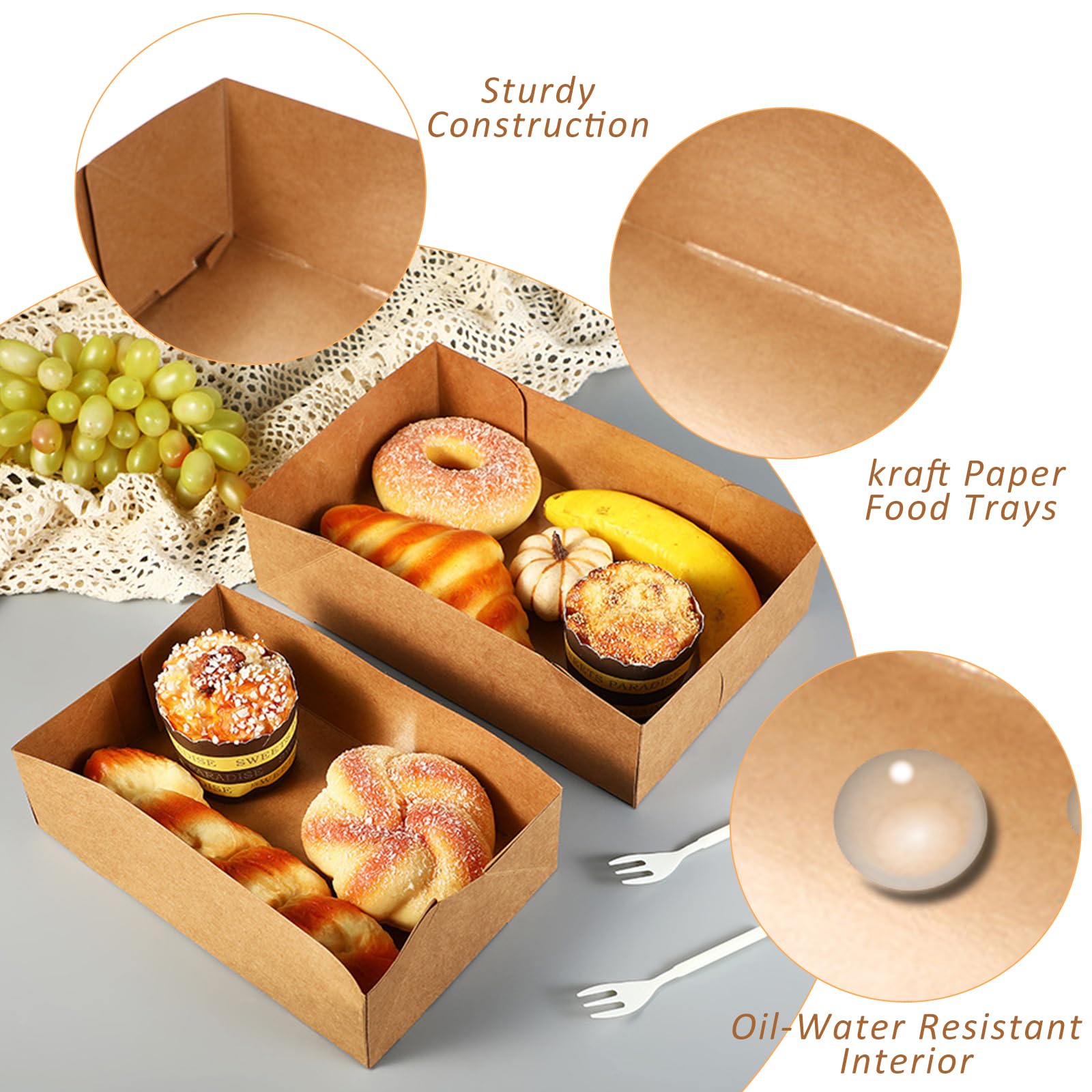 Nexboraque Confezione da 100 vassoi di carta usa e getta, rettangolari in carta kraft, pieghevoli, 4 vassoi angolari in cartone per alimenti pop-up, per fast food, nacho, snack, stadi, teatri, marrone