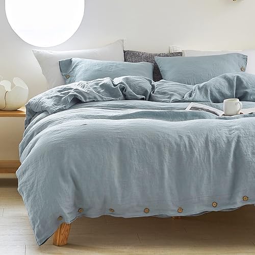 Simple&Opulence - Funda de edredón 100% lino belga, tamaño Queen - 3 piezas - Juego de ropa de cama de lino natural - Funda de edredón transpirable