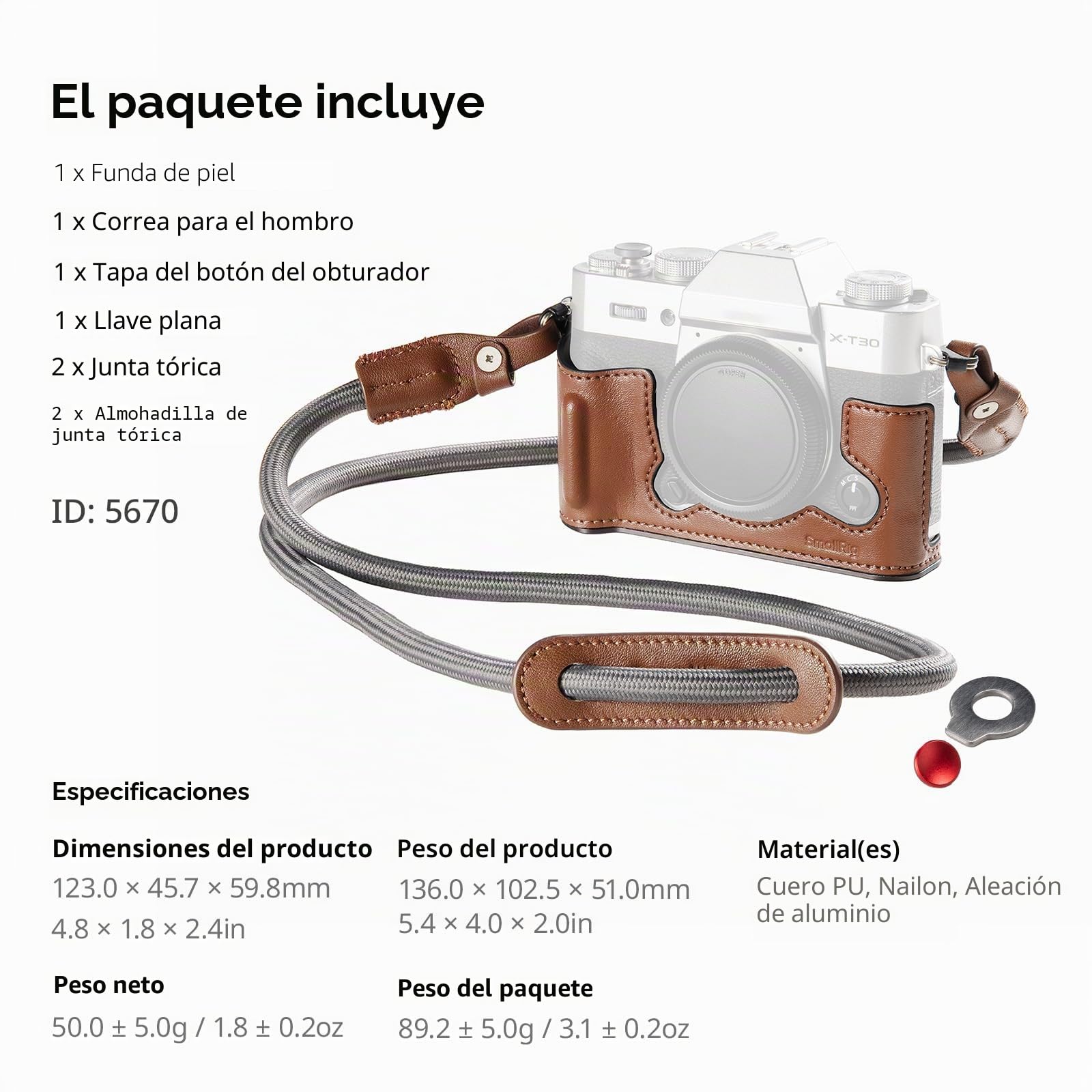 SMALLRIG Media Funda de Cuero con Correa para FUJIFILM X-T30/II/III, Estilo Retro con Marco de Aluminio y Tapa de Botón, Marrón - 5670