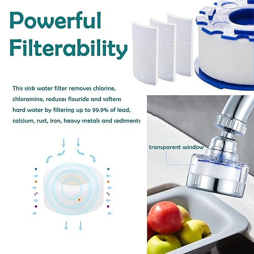 Miniatura 5 de Purificador de agua giratorio de 360 grados, reducción de cloro, ABS y acero inoxidable, 3 cartuchos de filtro incluidos