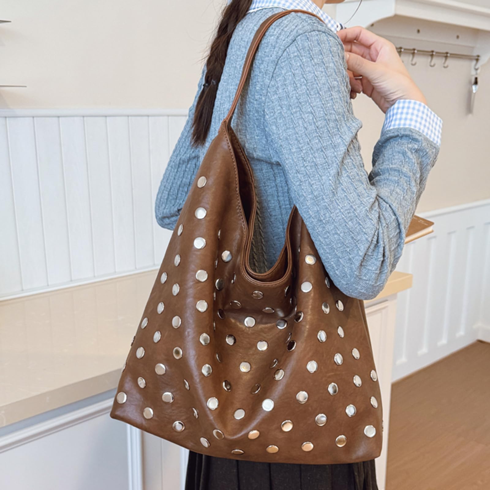 Bolso de mano de piel sintética para mujer con remaches, bolsa de hombro informal de gran capacidad para actividades diarias y salidas, Café 2 unidades, 460x280x220MM, Informal