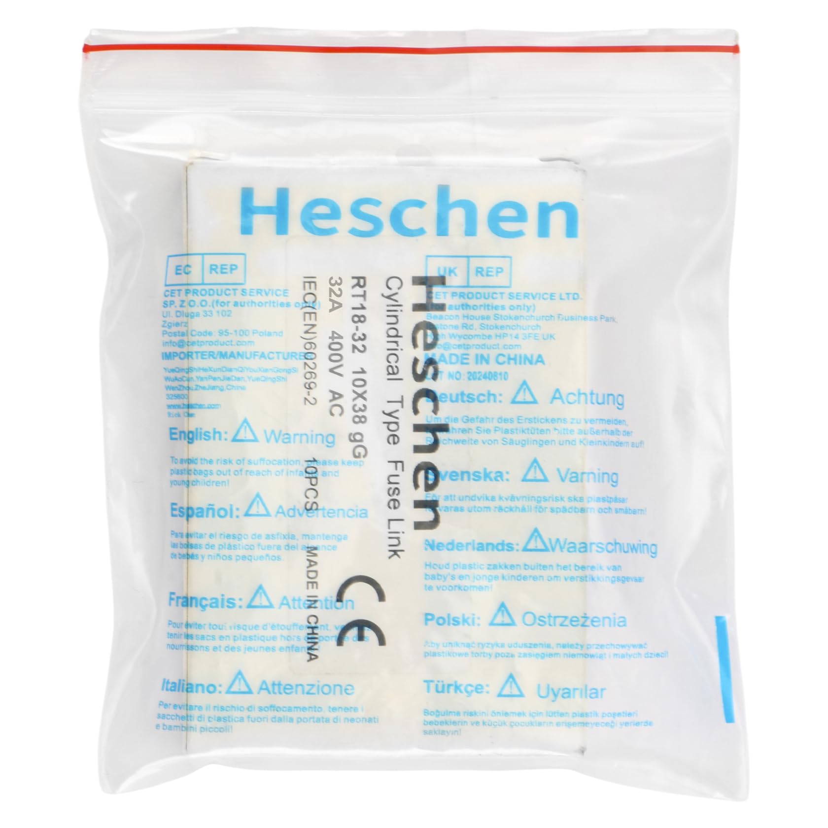Heschen - Fusible cilíndrico de cerámica, RT18-32 (RO15), 10 x 38 mm, 32A 400V, CE, paquete 10 unidades