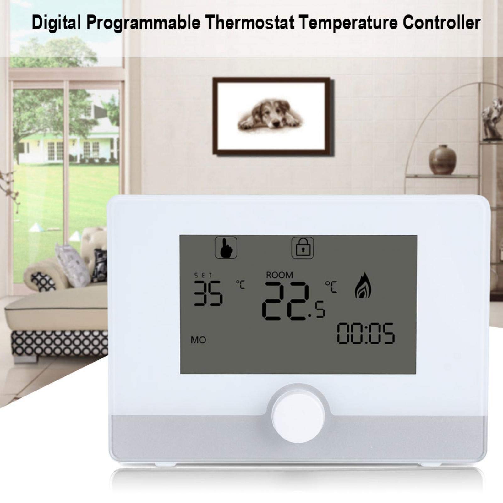 Termostato programable Digital, Termostato Digital de Pared programable Controlador de Temperatura para Sistema de calefacción de Caldera suspendido 2 Pilas AA de 1,5 V (no Incluidas)(Blanco)