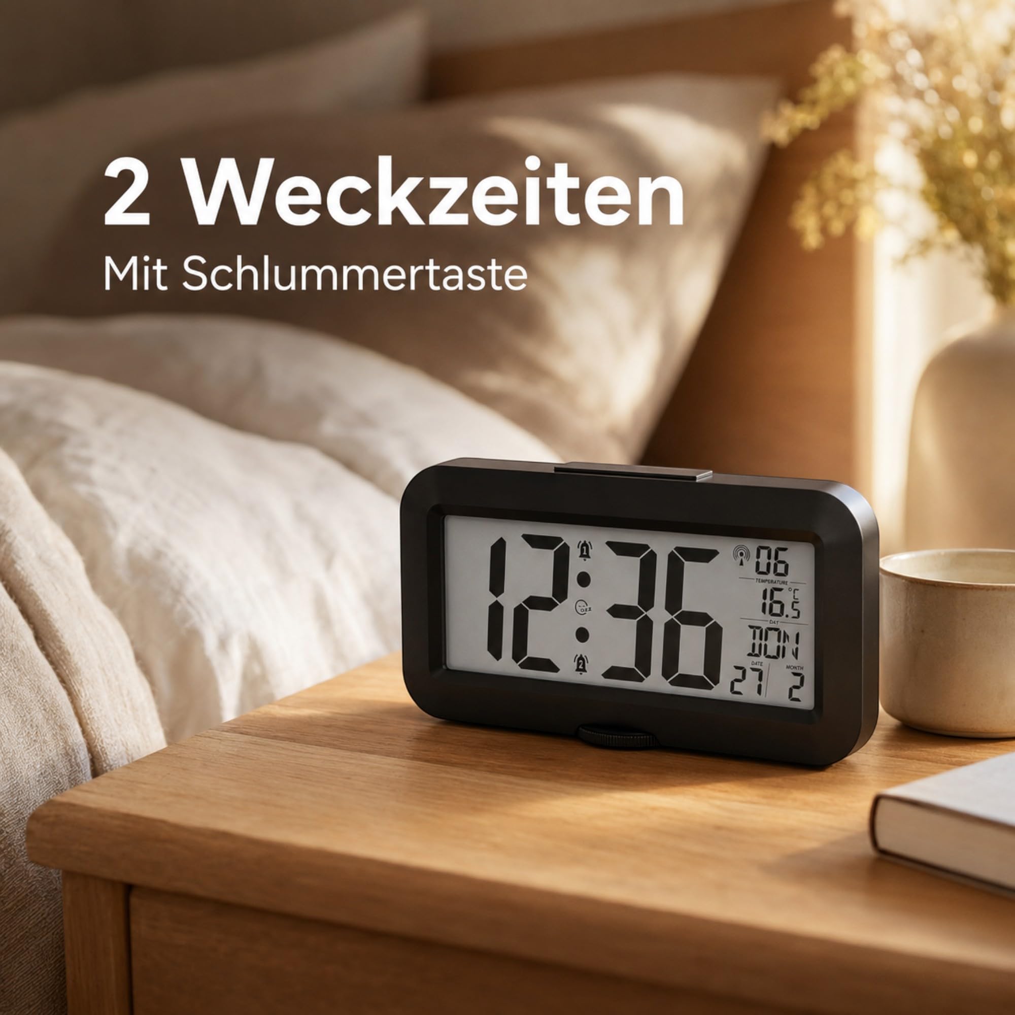 Mebus große Digitale Funkwanduhr mit XXL Ziffern | 42 x 20cm, DCF77 Funkuhr | Datum, Wochentag & Temperatur, 2 Weckzeiten mit Schlummerfunktion, perfekt für Büro, Werkstatt, Senioren | Tischuhr schwarz