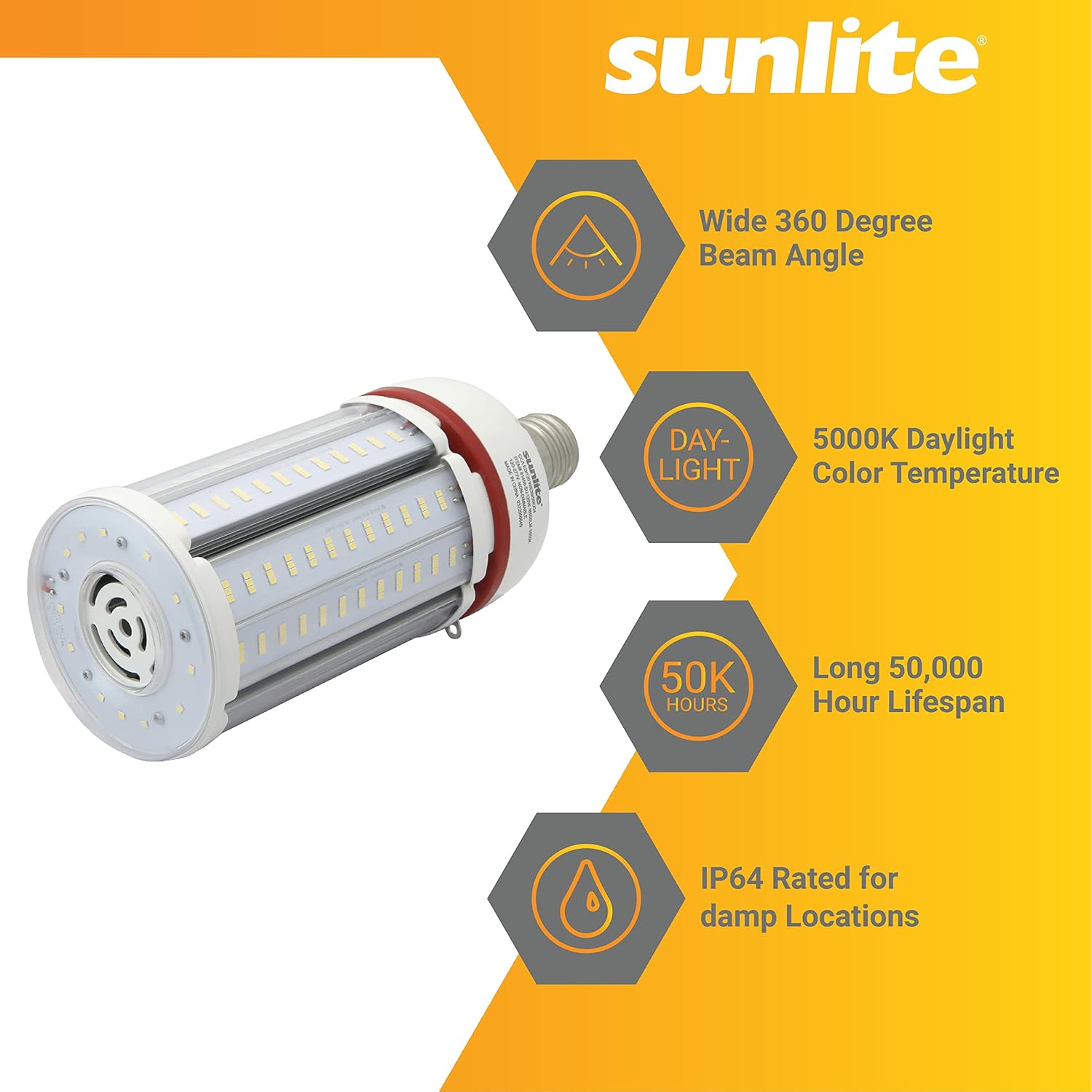 Sunlite 81456 LED G4 Corncob Lamp, 120 Watts (600 Watt Equivalent), 120-277 Volts, 18600 Lumens, Non-Dimmable, Mogul E39 Base, UL Listed, 1 Count, 50K-Daylight