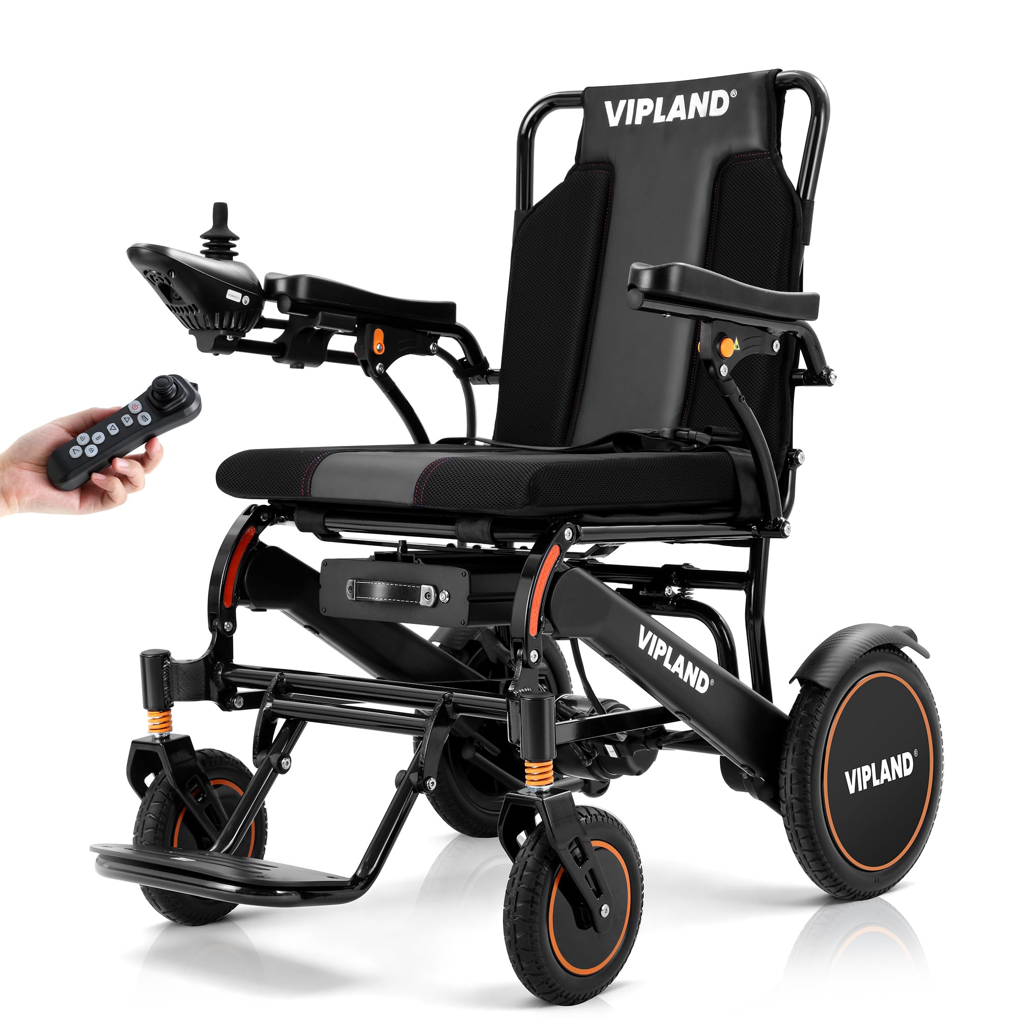Photo 1 of VIPLAND Portable Electric Wheelchairs for Adults, Lightweight Foldable Electric Motorized Wheelchair, 15 Miles Range, 700W Motors, Support 250lbs, All Terrain Airline Approved, Remote Control, Orange