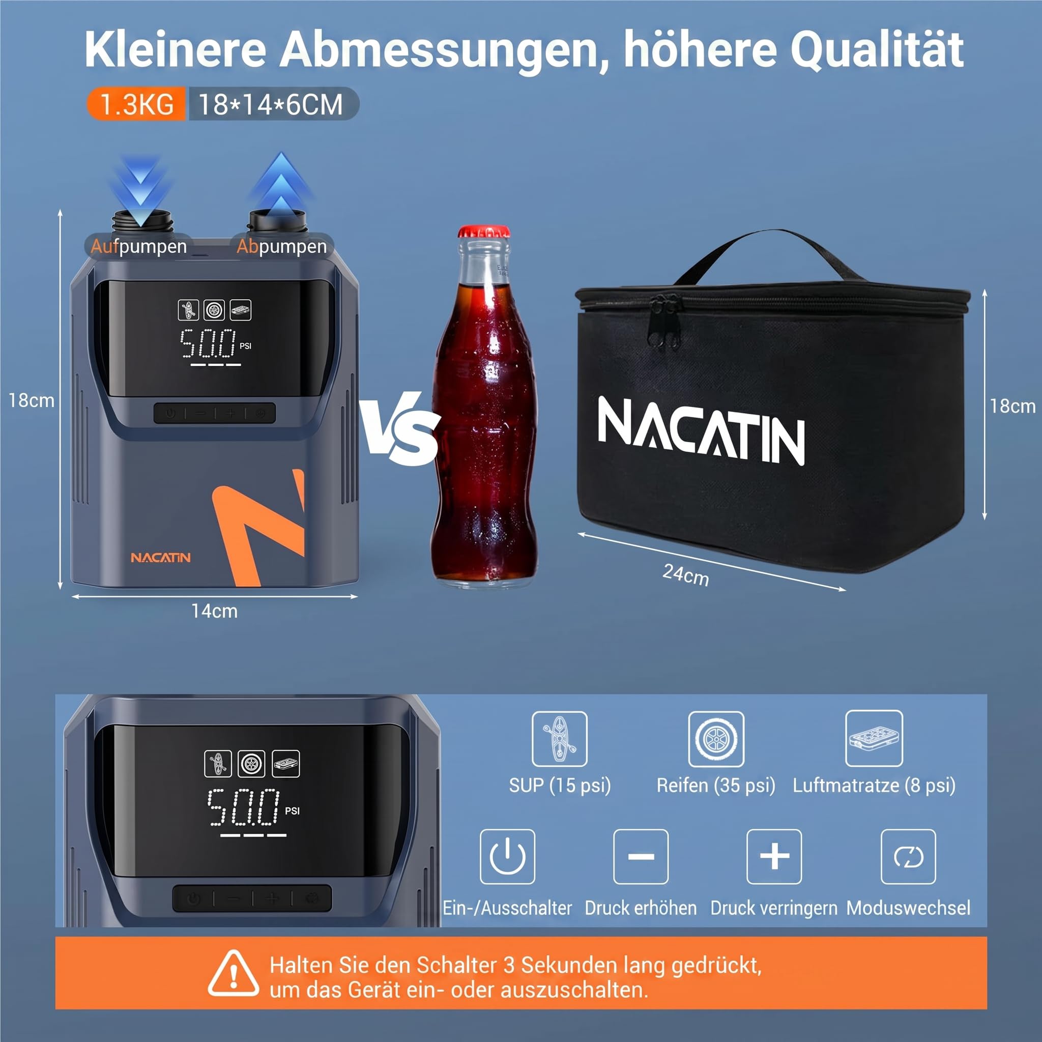 NACATIN 50PSI Elektrische SUP Pumpe, Wiederaufladbare Paddle Board Pumpe mit 5200mAh Akku & 12V Autoanschluss, Zweistufige Schnellinflation & Auto-Off, 6 Düsen für Schlauchboote, Autoreifen