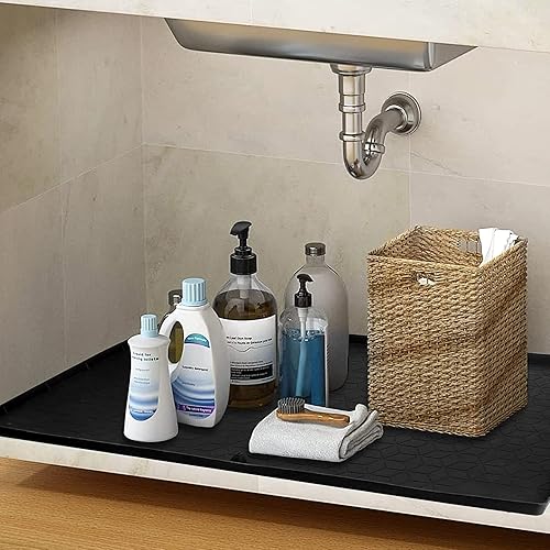 Miniatura 7 de Tapete para debajo del fregadero, 34 x 22 pulgadas, forro flexible de silicona para debajo del fregadero, bandeja de goteo impermeable con orificio