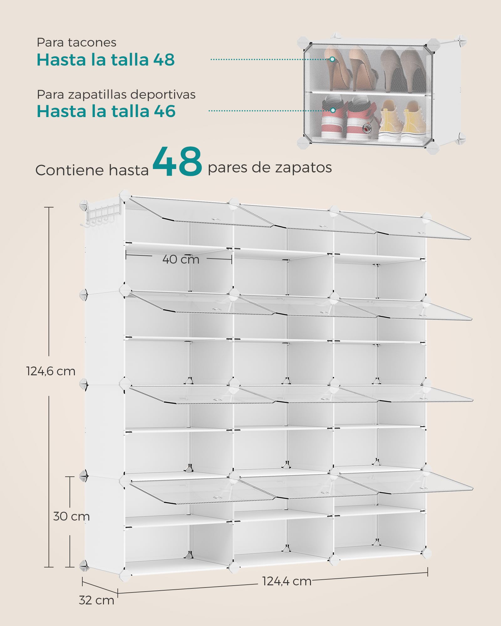 SONGMICS Mueble Zapatero Plástico, 12 Compartimentos para 48 Pares de Zapatos, con Puertas, Estructura de Acero y Estantes de Plástico, Armario para Dormitorio, Blanco Nube y Transparente LPC040W01