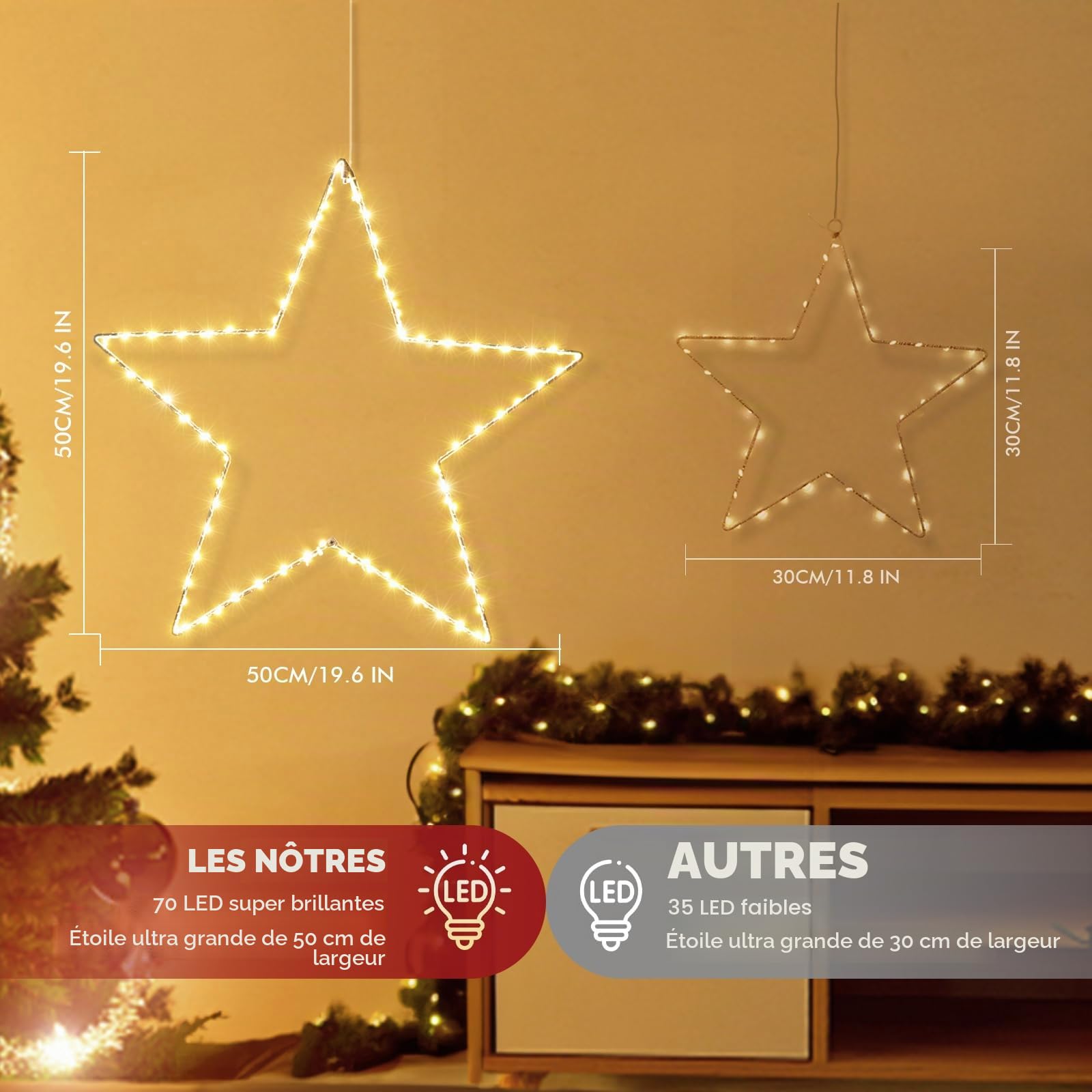 GlobaLink Lumière Étoilée Extra-Large, 50CM 70Leds | Étoiles Décoratives Pliables pour FenêtreGuirlande Led à Pile Guirlandes Lumineuses Étoile de Noël pour Décorations-iP44