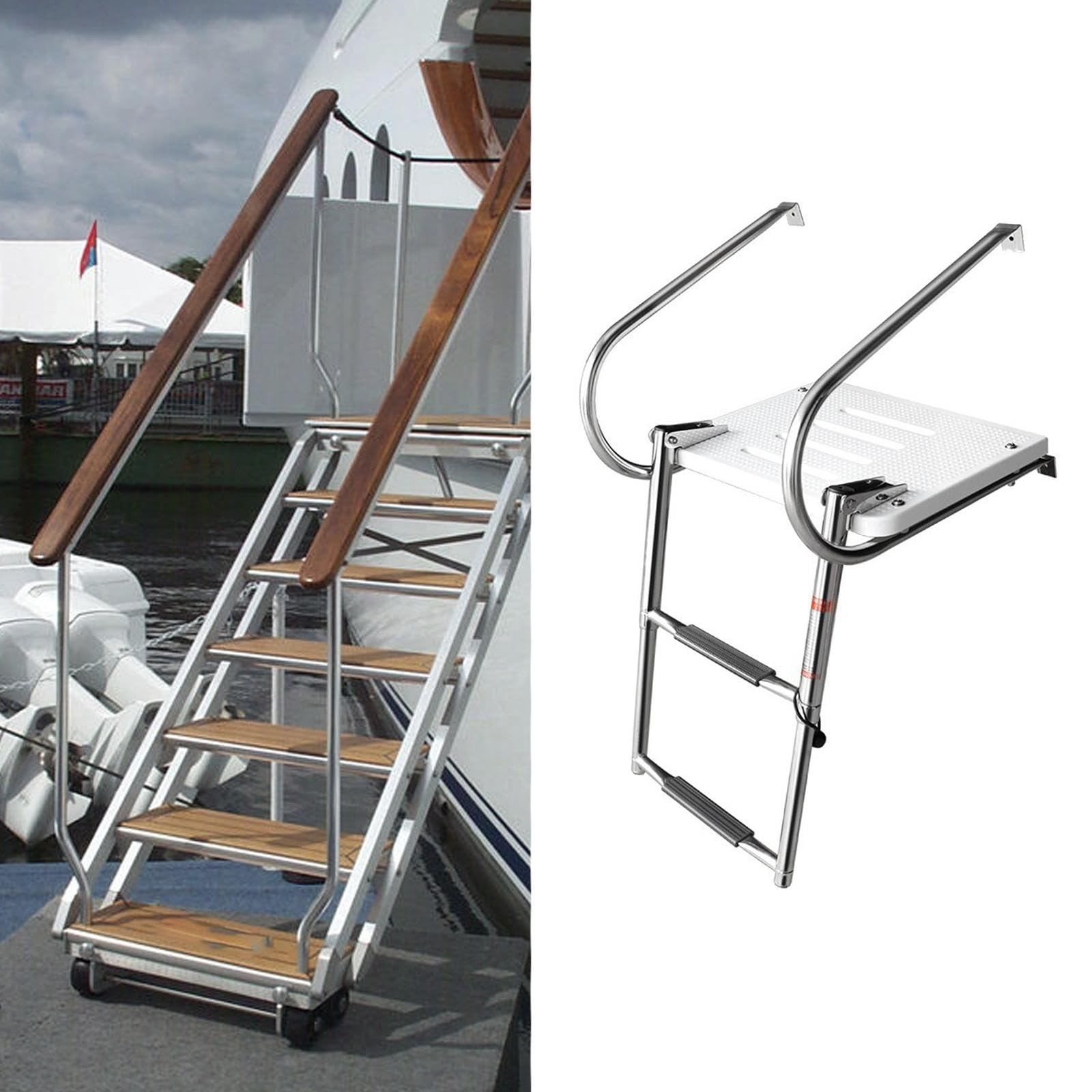 Scaletta pieghevole a 2 gradini in acciaio inox con piattaforma antiscivolo, per yacht, barche, piscine, colore bianco