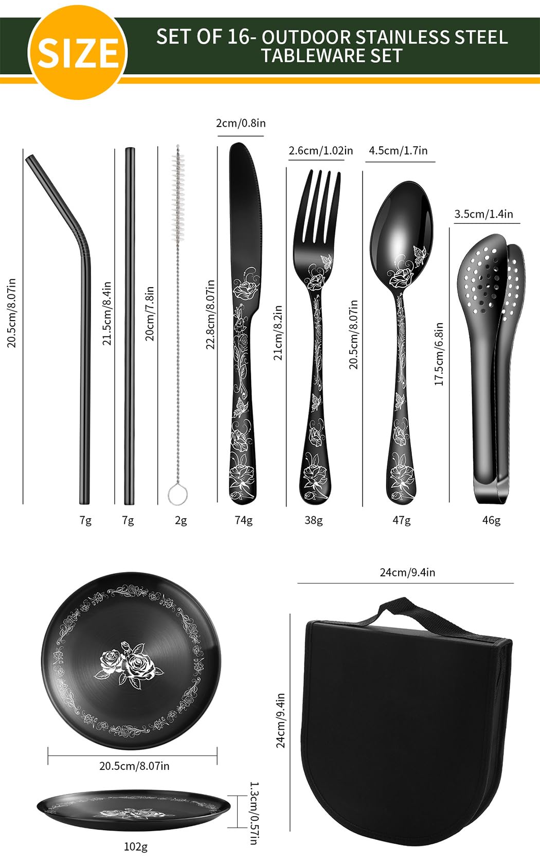 XIAOYU Ensemble de couverts de camping en métal 16 pièces pour pique-nique avec étui portable, vaisselle de pique-nique de camping pour 2, kit de couverts d'extérieur en acier inoxydable, noir